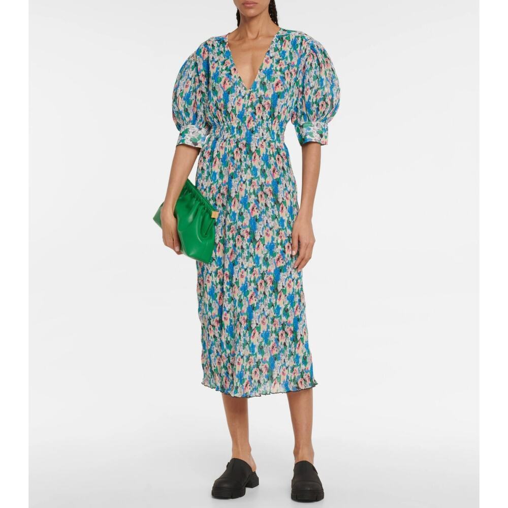 Ganni Floral Georgette Midi Dress Floral Azure Blue Size EU 42 US 10/12 NWT